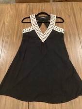 THEME Black V Neck Cut Out Crochet embroidered Mini sheath Shift Summer Dress S