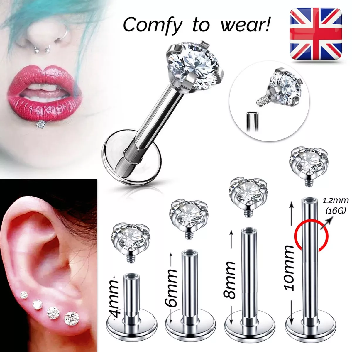 TRAGUS Helix Bar Cartilage Curated Curve Crystal Screw In Ear Earring Flat  Back  eBay