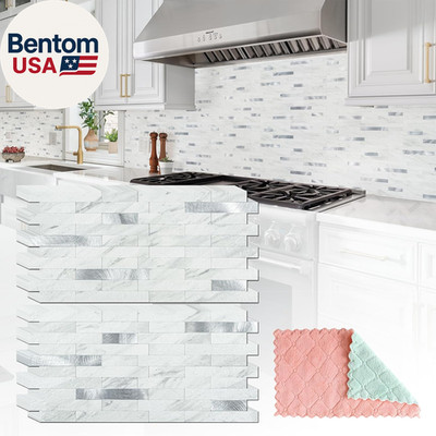 20 Sheets Peel and Stick Backsplash for Kitchen, White Marble with Metal Silver 