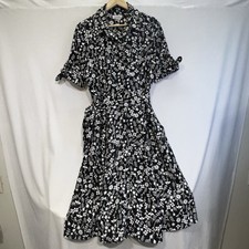 Calvin Klein Womens Size 10 Black White Floral Short Sleeve Midi Dress Button