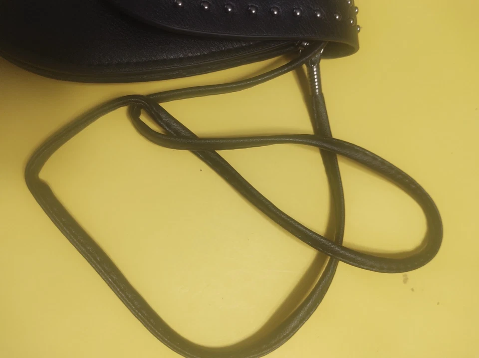 Black Leather sling bag with metal beading, has a button closure 8" x 7" - Image 3 of 4