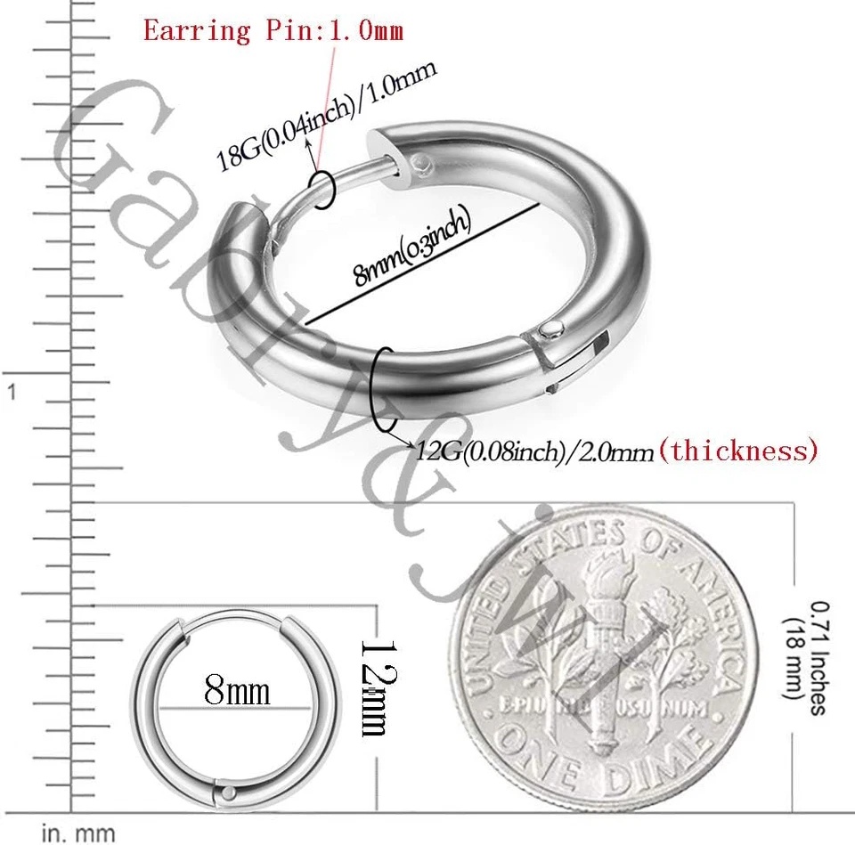 Pendientes de aro Huggie de acero inoxidable quirúrgico 316L 6 mm 8 mm 10 mm 11 mm 12 mm 14 mm H Foto 2 de 4