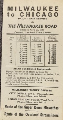 1956 The Milwaukee Road To Chicago Daily Train Service Travel Card
