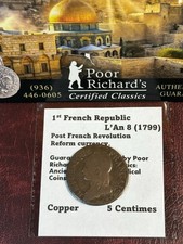 1st French Republic 5 Centimes L’AN 8 (1799) Post French Revolution Copper CF36