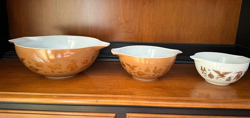 Vintage Pyrex Early American Brown White Cinderella Mixing Bowls 441 442 444