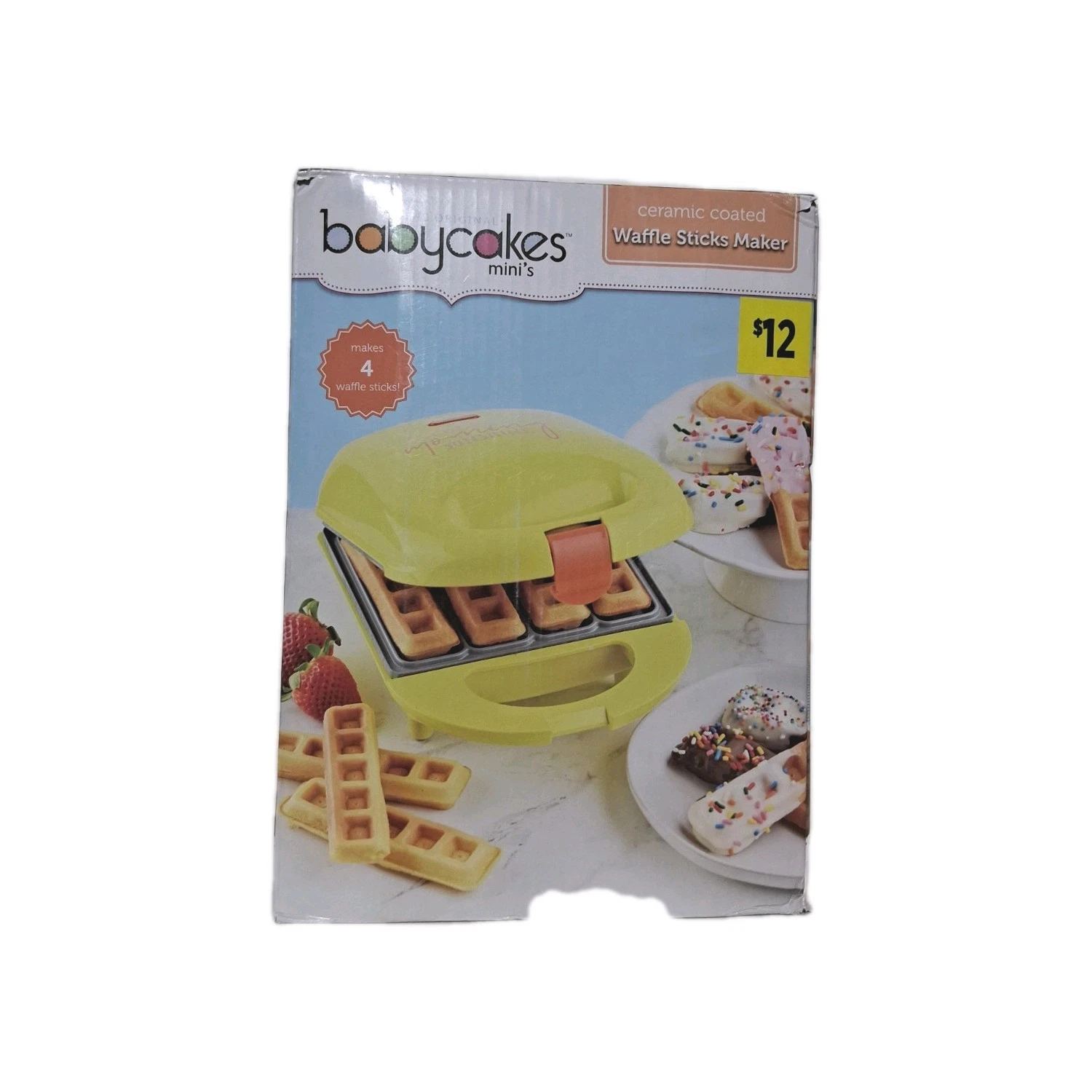 Baby Cakes Mjni Ceramic Coated Waffle Stick Maker Yellow Makes 4 Waffles New Box