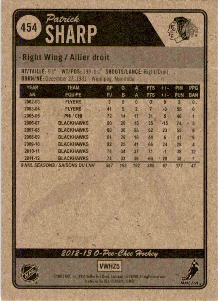 2012-13 O-Pee-Chee Patrick Sharp #454 - Image 2 of 2