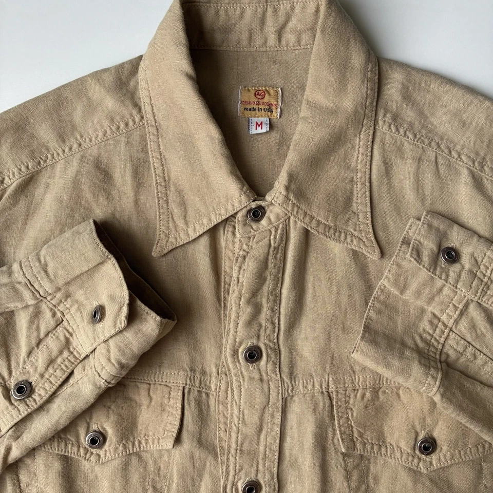 AG Adriano Goldschmied 100% Linen Men Medium Utility Shirt Long Sleeve Tan USA - Image 4 of 4