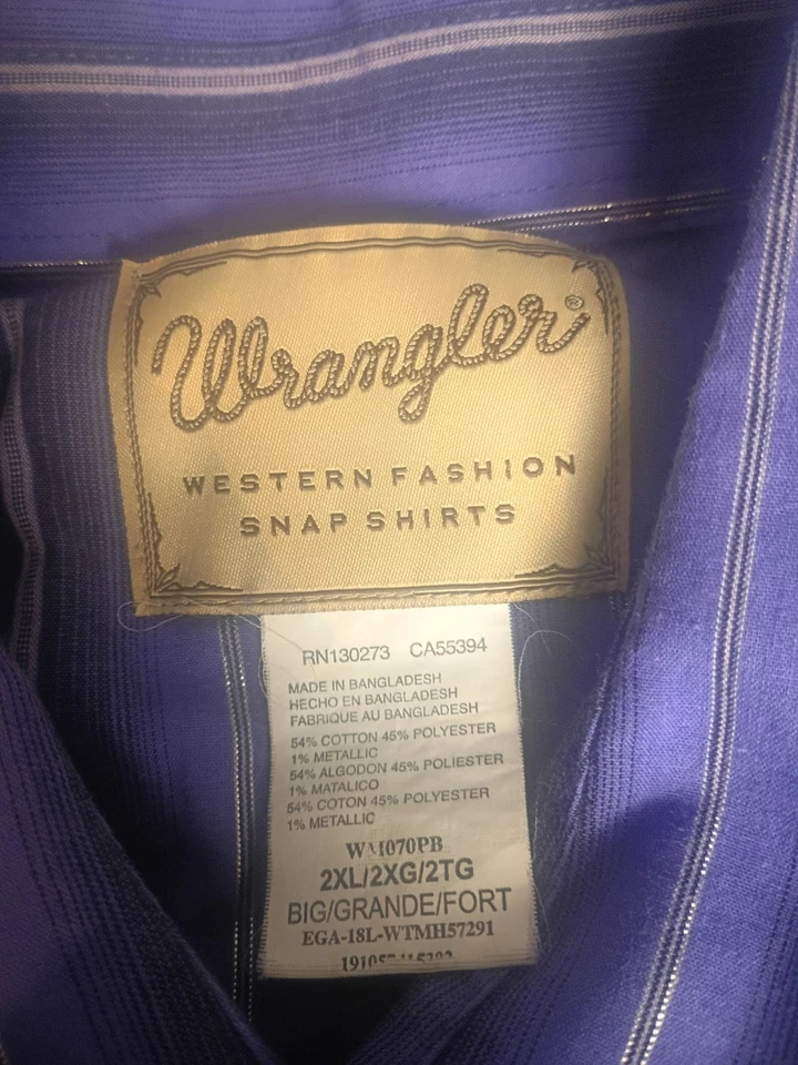 Camisa a Presión Wrangler Western 2XL Púrpura Rayas Metálica Manga Larga Perla A Presión Foto 2 de 4