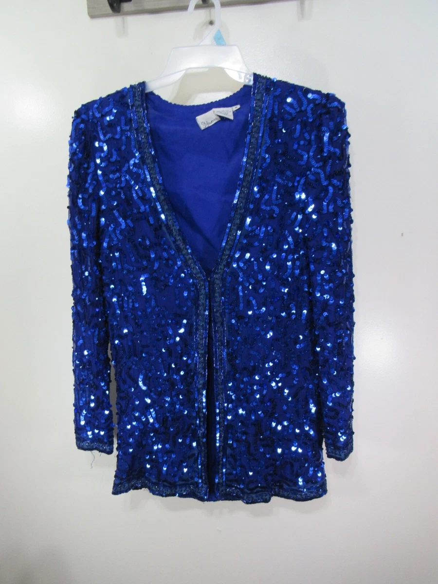 Womens Style works Silk Jacket Size 8 Blue Sequins Small Front Hook Long Sleeve