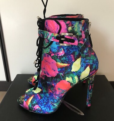 Brian Atwood Linford peep toe booties bunt floral multicolor Schnürung lace up 8