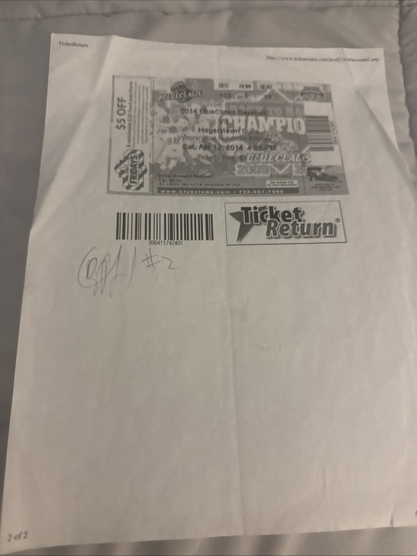 Phillies Mariners JP Crawford Autographed Lakewood Blue Claws Printed Ticket