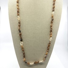Brown White Natural Seashell Long Necklace Coastal Boho Beach Statement Jewelry