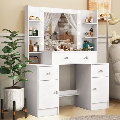 Dressing Table Vanity LED Lights Dimmable Mirror With Cabinet Large Makeup Table