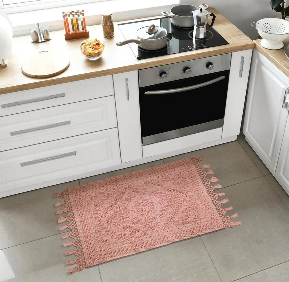 Juego de 2 alfombras de baño de jacquard tejido de algodón, alfombras de baño de flecos tejidos, 100 %... Foto 2 de 4