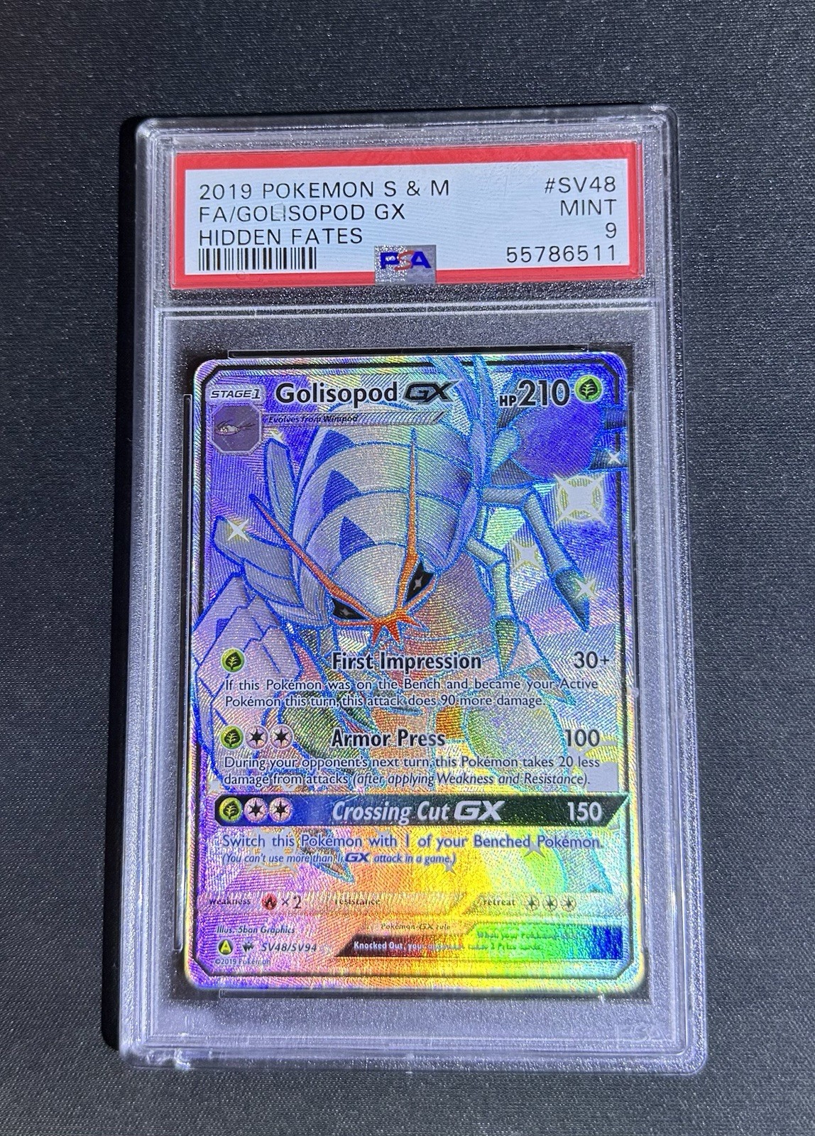 2019 Pokemon Sun & Moon Hidden Fates Golisopod GX Full Art #SV48 PSA 9 Mint