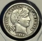 1912 Barber Dime, 90% Silver, EF Condition, Very Nice, Low Mintage! 🔥