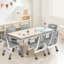 Height Adjustable Kids Table and 6 Chairs Set w/ Graffiti Desktop, Non-Slip Legs