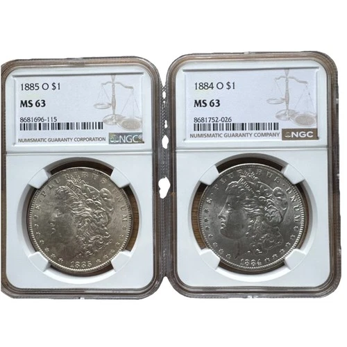 2 US 90% Silver Morgan Dollar NGC MS63 1884-O And 1885- O Pair!