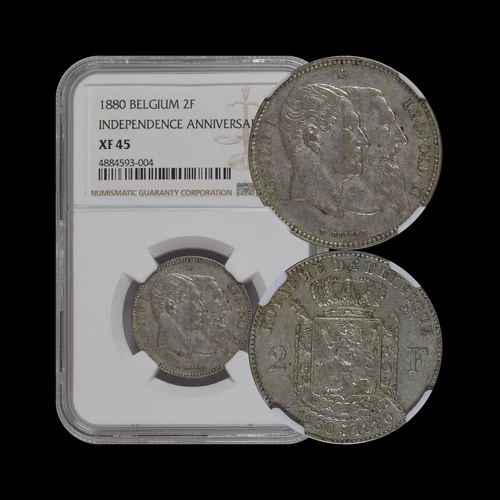 BELGIUM. 1880, 2 Francs, Silver - NGC XF45 - Leopold II, Cross on Crown