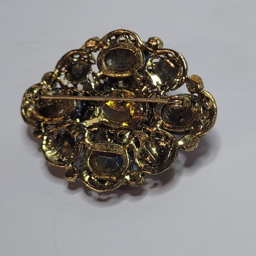 BROCHE VINTAGE PIERRE VERRE BLEU STRASS PERLES MÉTAL DORÉ # A3 - Foto 4 di 5