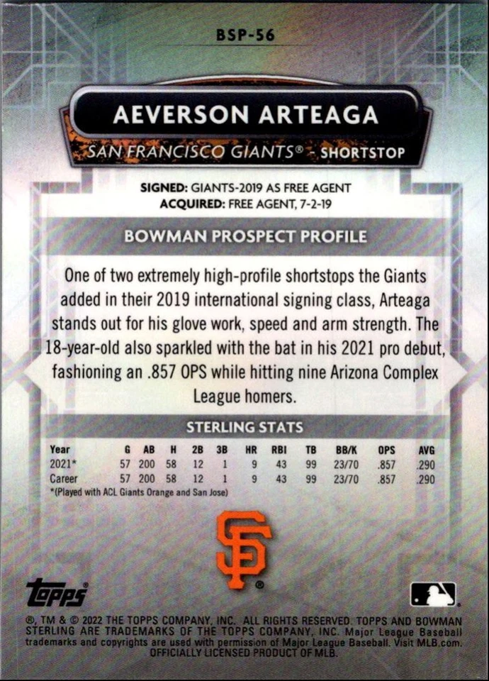 2022 Bowman Sterling Aeverson Arteaga San Francisco Giants #BSP-56 - Image 2 of 2