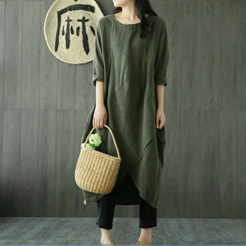 Women Linen Cotton Midi Dress Loose Baggy Long Sleeve Plain Vintage Casual M-5XL - Picture 9 of 14