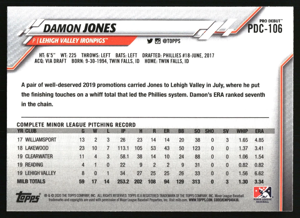 2020 Topps Pro Debut #PDC-106 Damon Jones Chrome Lehigh Valley Ironpigs - Image 2 of 2