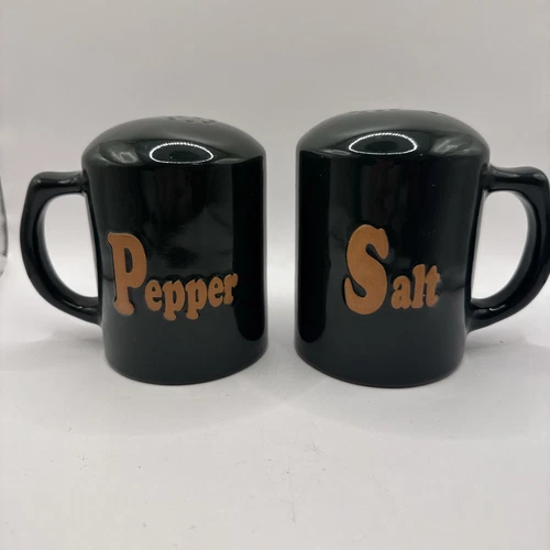 Rare Frankoma Colorworks Large Salt & Pepper Shakers Forest Green w/ Handles