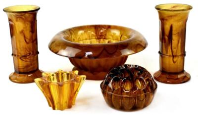George Davidson amber cloud glass comprising a pair of column vases & Rose Bowl