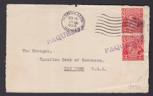 1930 Australia KGV 2 x 2d Red Paquebot HONOLULU HAWAII Postal Cover FRONT ONLY