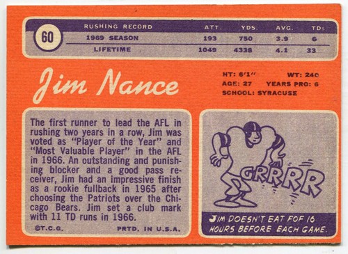 1970 Topps #60 Jim Nance Boston Patriots - Picture 2 of 2