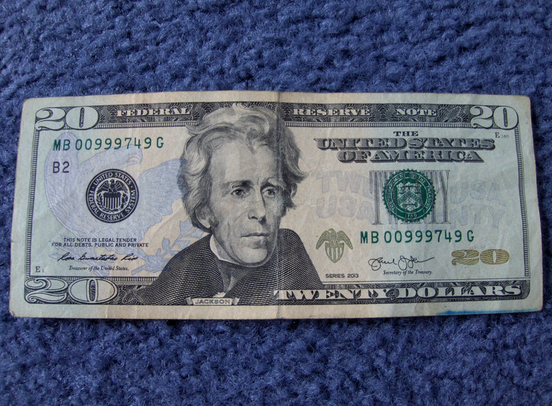 U.S. TWENTY DOLLAR NOTE WITH COOL LOW 4-OF-A-KIND SERIAL NUMBER! *FREE SHIPPING*