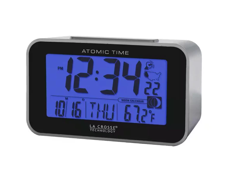 La Crosse Atomic Digital Alarm Clock Indoor Temp Moon Phase Travel Silver - Image 3 of 4