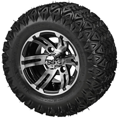 (4) Golf Cart 20x10-10 Black Trail A/T Tires on 10x7 Black/Machined Epic Wheels