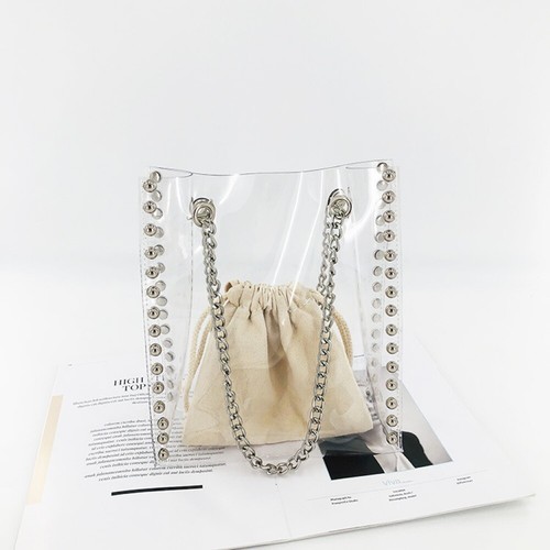 Transparent PVC Clear Shoulder tote bag Silver Studs Beige Zebra Insert Canvas - Picture 17 of 25