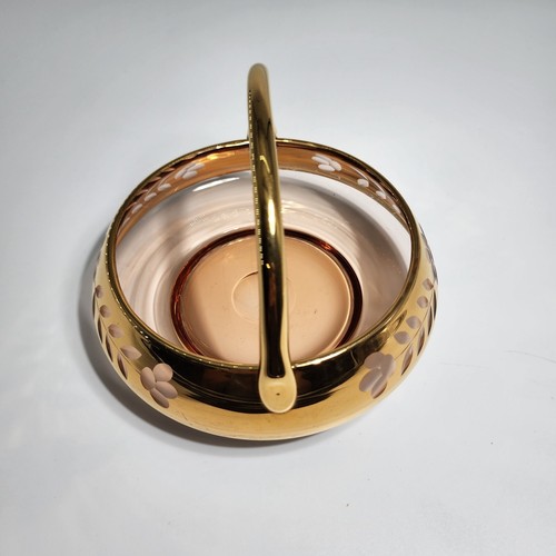 Bohemian Art Brown Glass Handled Basket VTG Gold Gilt Flower Petal Etched Design - Picture 5 of 12