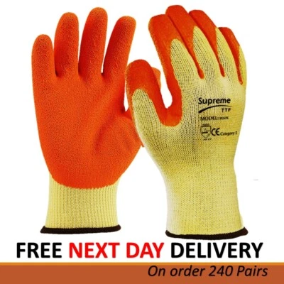 240 PAIRS LATEX COATED ORANGE RUBBER SAFETY WORK GLOVES MENS BUILDERS GARDENING