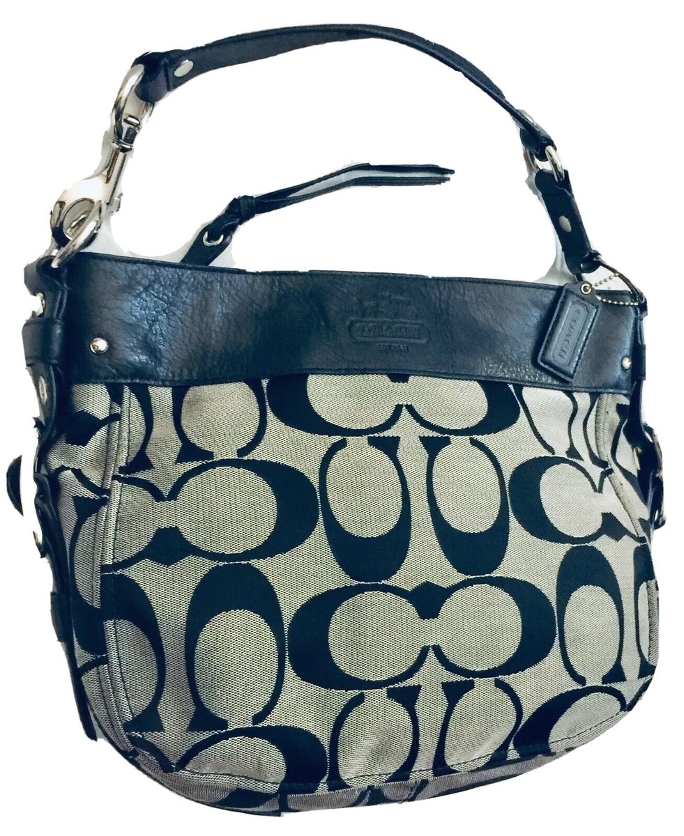 F12657 COACH SIGNATURE SHOULDER HOBO HANDBAG BLACK LEATHER TRIM