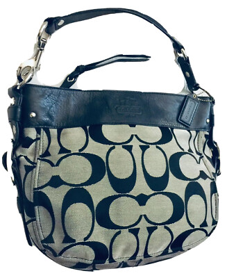 F12657 COACH SIGNATURE SHOULDER HOBO HANDBAG BLACK LEATHER TRIM