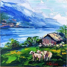 Cow Oil Painting Montana Meadows Impasto Mountain Lake Wall art