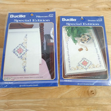 2 Vintage 1994 Bucilla Pillowcases  Dresser Scarf Roses Stamped Embroidery Kits