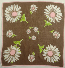 Vtg Hankie 11.75x12 daisies w/pink centers, soft brown border w/pink edge H496