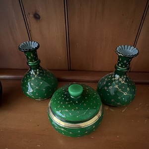 Green hand Decorated Glass  w/ 2 Bottles/Vases & Lidded Trinket Jar Charleton