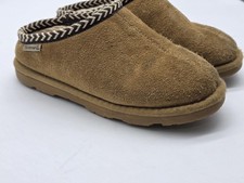 BEARPAW Slipper Clog Shoes Kids Size 3 Brown Suede Faux Fur Lined Indoor Damage
