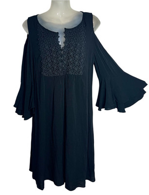 Cupio Black Boho Whimsigoth Cold Shoulder Dress Bell Sleeve Crochet Crinkle Sz M