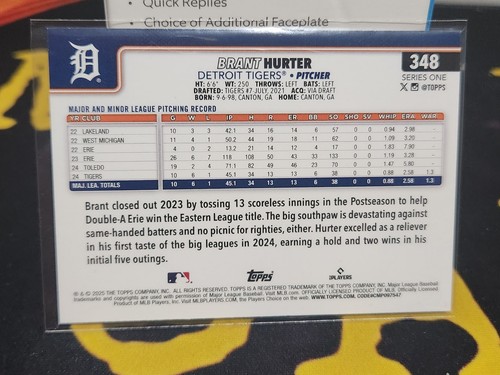 2025 Topps Series 1 RC Brant Hurter Detroit Tigers Rookie - Picture 2 of 2