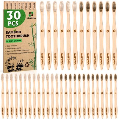 Navona 30 PCS Bamboo Toothbrushes Pack, BPA Free Medium Soft Bristles...