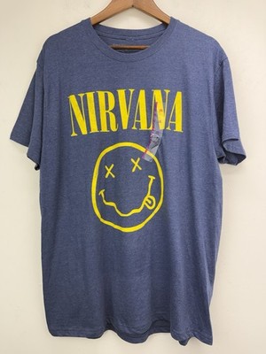 Nirvana Sz XXL Blue Yellow Smiley Face 90s Grunge Band Short Sleeve T-shirt NWT