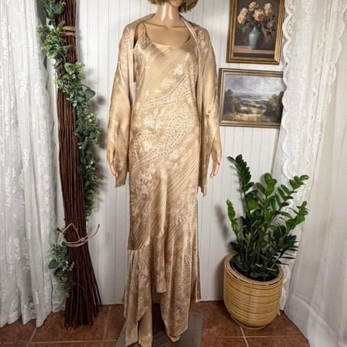 Vintage Champagne Silk Beaded Maxi Dress with Matching Shawl Fairycore Size 12
